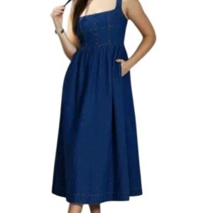 Women Denim Fit and Flare Knee Length Dress Off Shoulder Neck Sleeveless Solid Dreesh_2