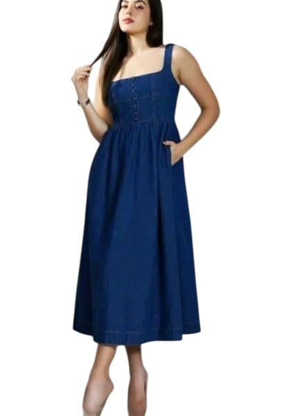 Women Denim Fit and Flare Knee Length Dress Off Shoulder Neck Sleeveless Solid Dreesh_2
