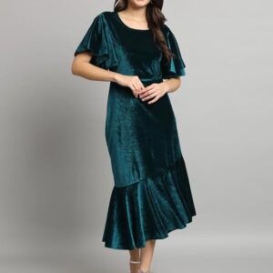 Vaararo Bodycon Party Dress for Women Ruffles Sleeves | Shiny Velvet Fabric Fish Cut Ruffle Bottom Detailing Stylish Casual Outfit Rama Green
