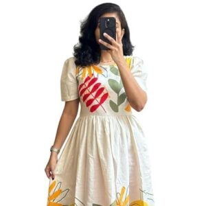 ROYALICA Women's Pure Cotton Maxi Midi Dress Western Dress for Women Elegant Floral Printed Long Dresses | Soft & Breathable Fabric | Casual Trending Dress for Women White