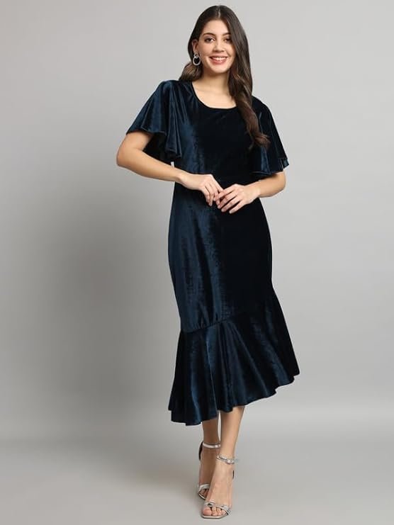 Vaararo Bodycon Party Dress for Women Ruffles Sleeves | Shiny Velvet Fabric Fish Cut Ruffle Bottom Detailing Stylish Casual Outfit Peacock Blue - Image 2