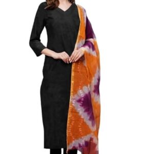 ANNI Designer Women's Rayon Viscose Straight Solid Kurta with Pant & Dupatta Black & Orange