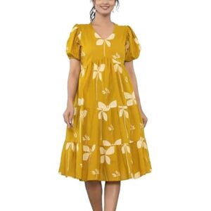 ROYALICA Women's Pure Cotton Maxi Midi Dress Western Dress for Women Elegant Floral Printed Long Dresses | Soft & Breathable Fabric | Casual Trending Dress for Women Mustard