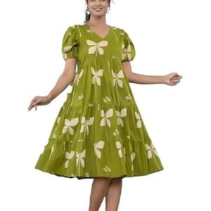 ROYALICA Women's Pure Cotton Maxi Midi Dress Western Dress for Women Elegant Floral Printed Long Dresses | Soft & Breathable Fabric | Casual Trending Dress for Women Green