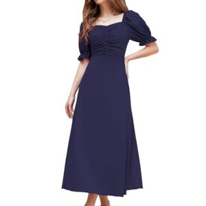 Shasmi Girl's & Women's Solid A-Line Ruched Puff Sleeve Maxi Long Evening One Piece Long Dress for Women Stylish (Dress 131) Navy Blue