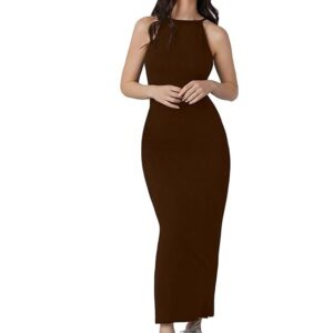 Aahwan Solid Halter Neck Solid Bodycon Midi Dress for Women's & Girl's Brown