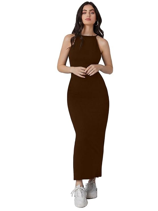 Aahwan Solid Halter Neck Solid Bodycon Midi Dress for Women's & Girl's Brown