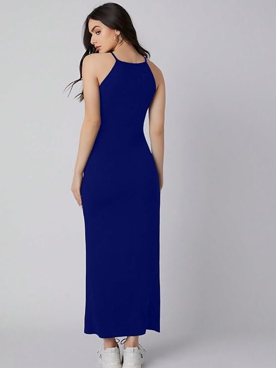 Aahwan Solid Halter Neck Solid Bodycon Midi Dress for Women's & Girl's Airforce Blue - Image 2