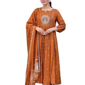 KLOSIA Women Rayon Printed Anarkali Kurta Set with Dupatta Rust