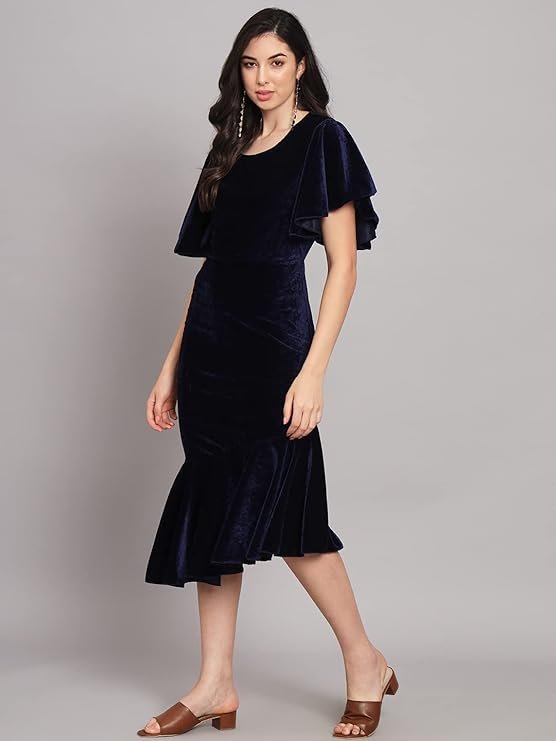 Vaararo Bodycon Party Dress for Women Ruffles Sleeves | Shiny Velvet Fabric Fish Cut Ruffle Bottom Detailing Stylish Casual Outfit Navy Blue - Image 2