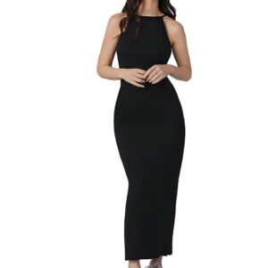 Aahwan Solid Halter Neck Solid Bodycon Midi Dress for Women's & Girl's Black