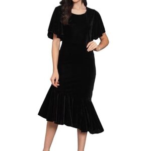 Vaararo Bodycon Party Dress for Women Ruffles Sleeves | Shiny Velvet Fabric Fish Cut Ruffle Bottom Detailing Stylish Casual Outfit Black