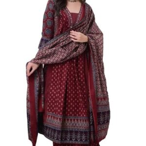KLOSIA Women's Rayon Printed Anarkali Kurta and Pant with Dupatta Set Maroon