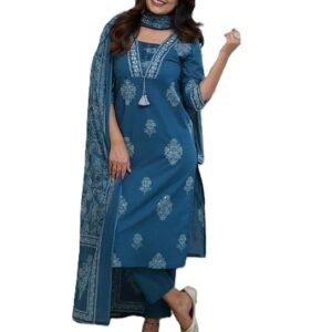PARTHVI|Women's Pure Cotton Printed with Handwork Kurta with Pants and Dupatta Set | Ethnic Set | Suit Set | Kurta Set | Wedding Suit Set Blue