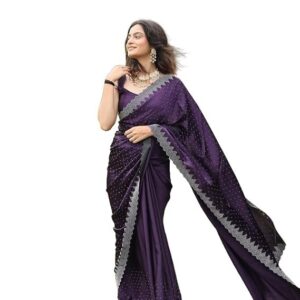 AKHILAM Women's Satin Silk Hot Fix Solid Saree With Unstitched Blouse Piece Purple