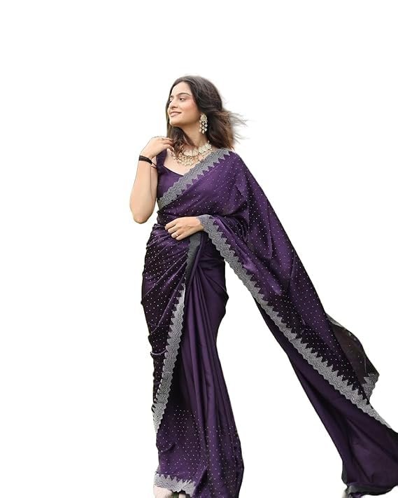 AKHILAM Women's Satin Silk Hot Fix Solid Saree With Unstitched Blouse Piece Purple
