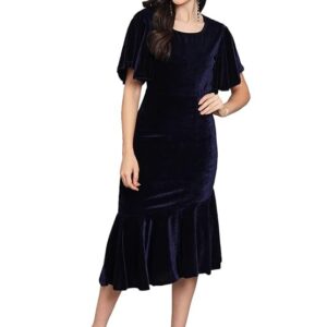 Vaararo Bodycon Party Dress for Women Ruffles Sleeves | Shiny Velvet Fabric Fish Cut Ruffle Bottom Detailing Stylish Casual Outfit Navy Blue