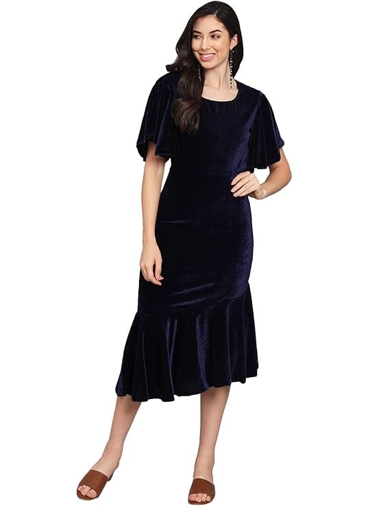 Vaararo Bodycon Party Dress for Women Ruffles Sleeves | Shiny Velvet Fabric Fish Cut Ruffle Bottom Detailing Stylish Casual Outfit Navy Blue