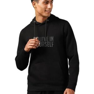 NOBERO Printed Hoodies for Man | 280 GSM Rich Cotton Fleece Hooded Full Sleeve Sweatshirt for Man | Stylish Casual Wear Winter Hoodies for Men Black