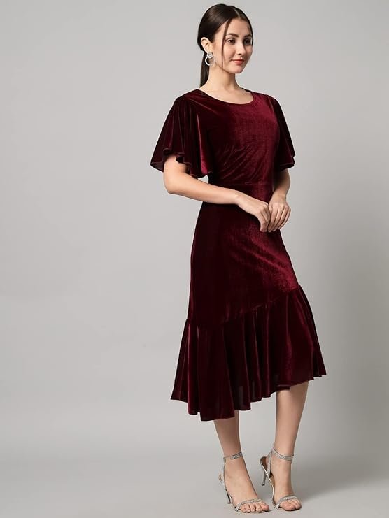 Vaararo Bodycon Party Dress for Women Ruffles Sleeves | Shiny Velvet Fabric Fish Cut Ruffle Bottom Detailing Stylish Casual Outfit Maroon - Image 2
