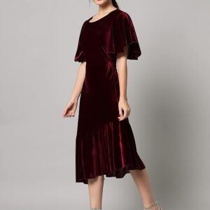 Vaararo Bodycon Party Dress for Women Ruffles Sleeves | Shiny Velvet Fabric Fish Cut Ruffle Bottom Detailing Stylish Casual Outfit Maroon