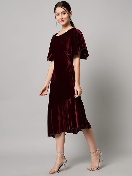Vaararo Bodycon Party Dress for Women Ruffles Sleeves | Shiny Velvet Fabric Fish Cut Ruffle Bottom Detailing Stylish Casual Outfit Maroon