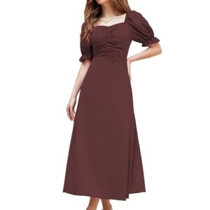 Shasmi Girl's & Women's Solid A-Line Ruched Puff Sleeve Maxi Long Evening One Piece Long Dress for Women Stylish (Dress 131) Brown