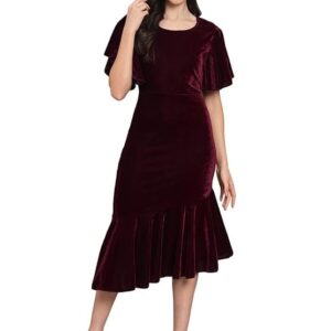 Vaararo Bodycon Party Dress for Women Ruffles Sleeves | Shiny Velvet Fabric Fish Cut Ruffle Bottom Detailing Stylish Casual Outfit Wine