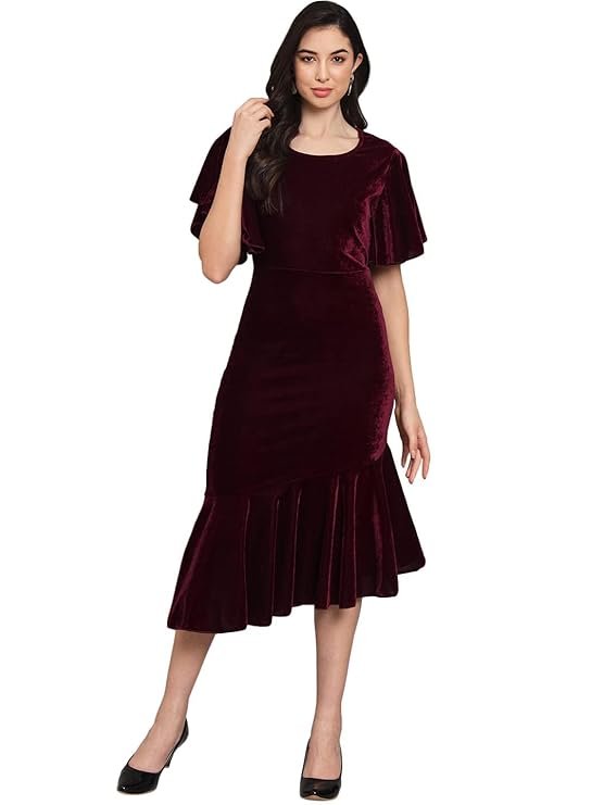 Vaararo Bodycon Party Dress for Women Ruffles Sleeves | Shiny Velvet Fabric Fish Cut Ruffle Bottom Detailing Stylish Casual Outfit Wine
