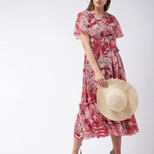 SMOWKLY Women's Georgette Floral Printed Indo-Western Ethnic Gown || Half Sleeve V Neck Fit & Flare Flared Hem Design || A-Line Maxi Dress Casual Wear Red