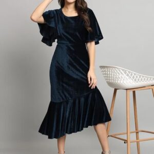 Vaararo Bodycon Party Dress for Women Ruffles Sleeves | Shiny Velvet Fabric Fish Cut Ruffle Bottom Detailing Stylish Casual Outfit Peacock Blue