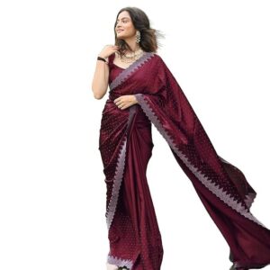 AKHILAM Women's Satin Silk Hot Fix Solid Saree With Unstitched Blouse Piece Red