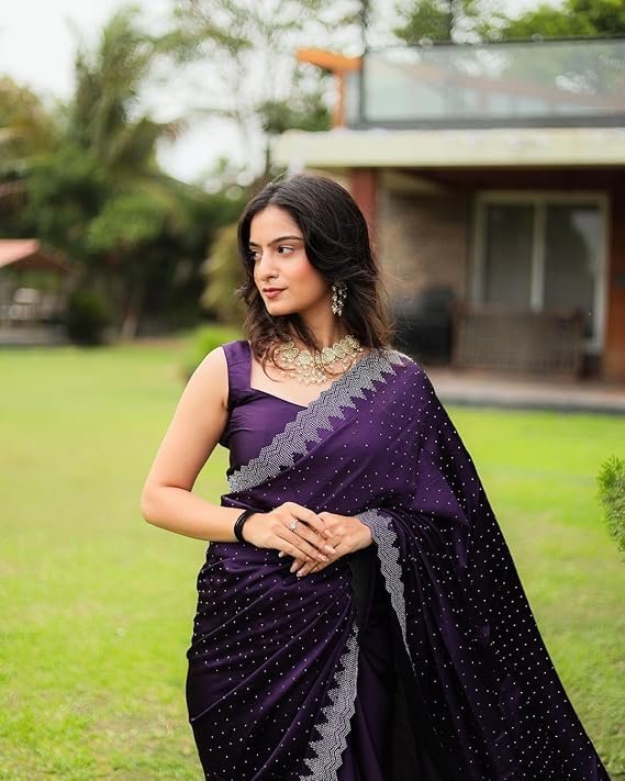 AKHILAM Women's Satin Silk Hot Fix Solid Saree With Unstitched Blouse Piece Purple - Image 2