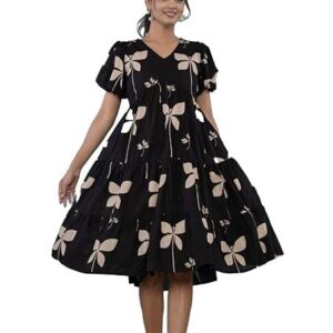 ROYALICA Women's Pure Cotton Maxi Midi Dress Western Dress for Women Elegant Floral Printed Long Dresses | Soft & Breathable Fabric | Casual Trending Dress for Women Black