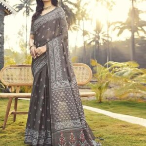 SIRIL Women's Cotton Printed Ready To Wear Saree With Unstitched Blouse Piece Grey