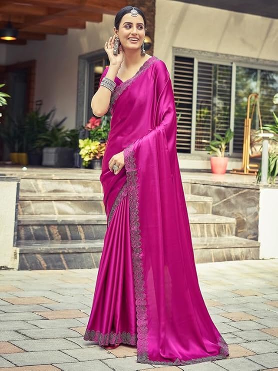 Satrani Women's Satin Silk Hot Fixing Saree with Unstitched Blouse Piece pink - Image 3