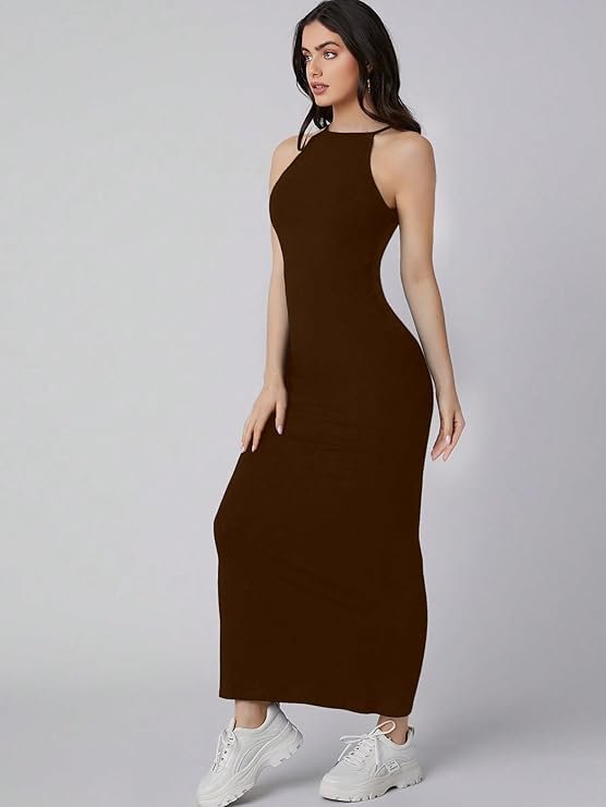 Aahwan Solid Halter Neck Solid Bodycon Midi Dress for Women's & Girl's Brown - Image 3
