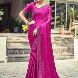 Satrani Women's Satin Silk Hot Fixing Saree with Unstitched Blouse Piece pink