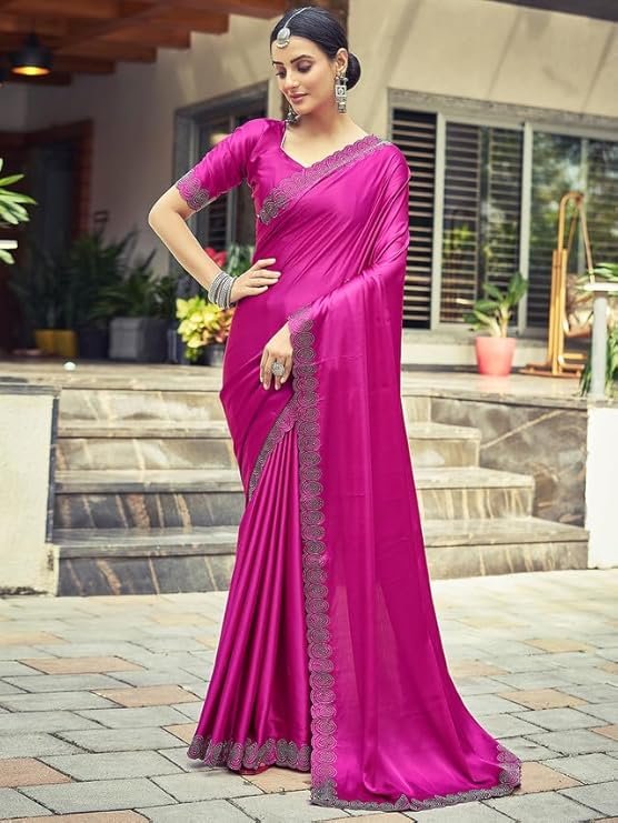 Satrani Women's Satin Silk Hot Fixing Saree with Unstitched Blouse Piece pink