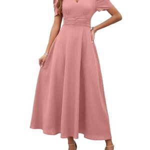 Shasmi Girl's & Women's Solid Color V-Neck A-Line Maxi Dress for Women | New Year Party Outfit | Waist Cinched Puff Sleeve Western Dress | Elegant Casual Wear (Dress 246) Peach