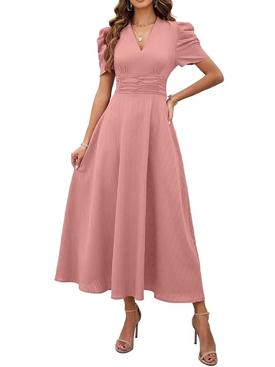 Shasmi Girl's & Women's Solid Color V-Neck A-Line Maxi Dress for Women | New Year Party Outfit | Waist Cinched Puff Sleeve Western Dress | Elegant Casual Wear (Dress 246) Peach