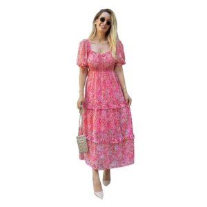 Sheetal Associates Women's Floral Puff Sleeve High Waist A Line Flowy Long Dress Pink