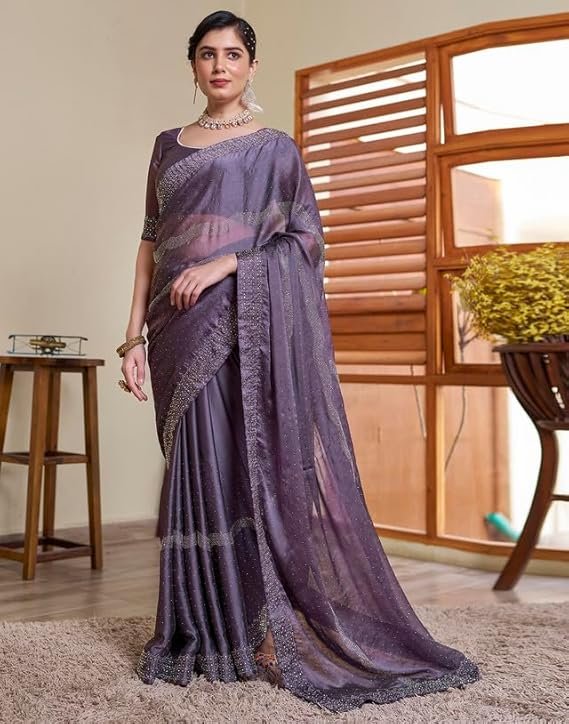 SIRIL Women's Chiffon Hot Fixing Stone Work Saree With Unstitched Blouse Piece Mauve - Image 3