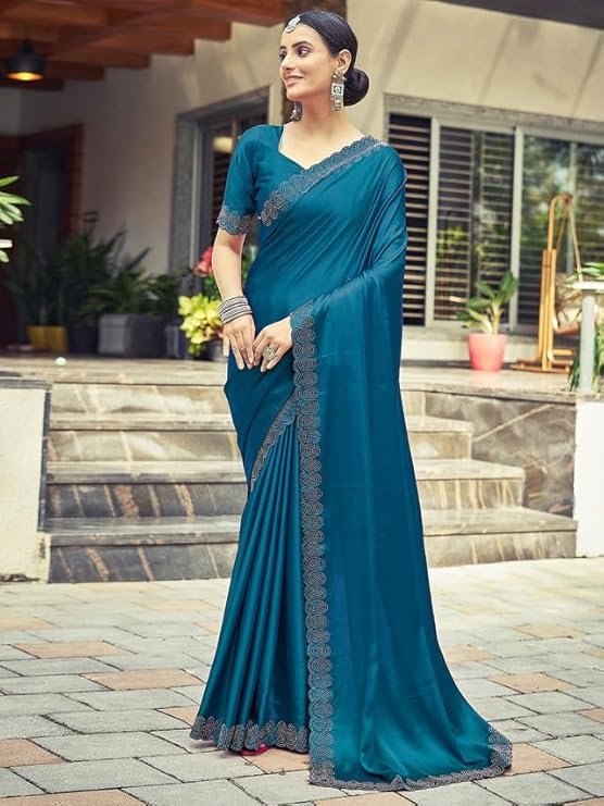 Satrani Women's Satin Silk Hot Fixing Saree with Unstitched Blouse Piece Teal - Image 2