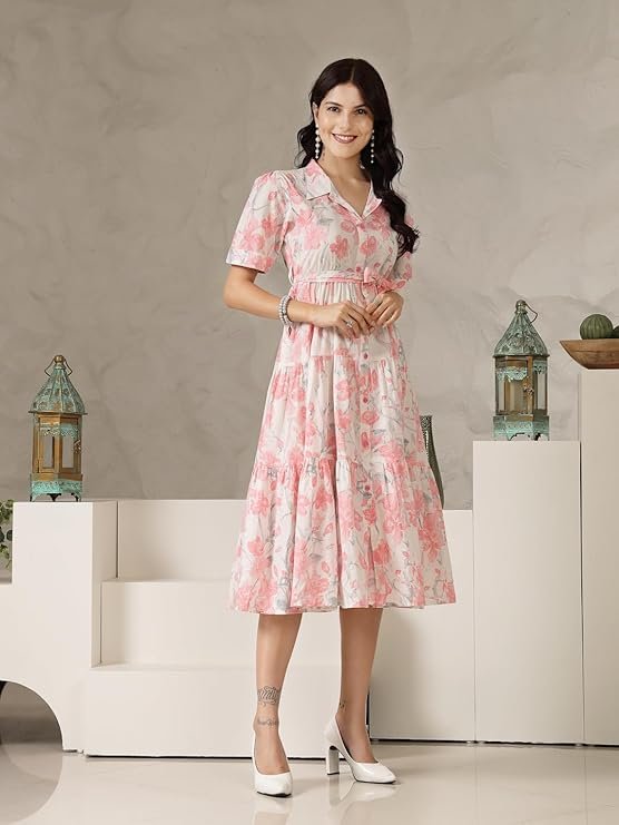 Stylum Women's Floral Printed Cotton Flared Dress Baby Pink - Image 2
