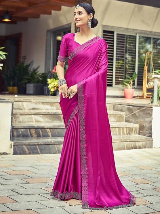 Satrani Women's Satin Silk Hot Fixing Saree with Unstitched Blouse Piece pink - Image 2