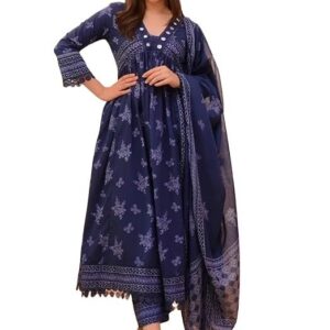 Nermosa Women Printed Anarkali Kurta and Pant Set with Dupatta Blue