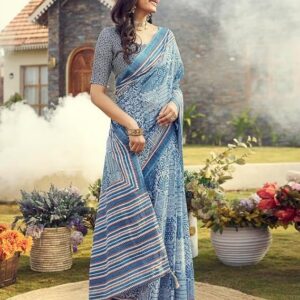 SIRIL Women's Cotton Printed Ready To Wear Saree With Unstitched Blouse Piece Light Blue