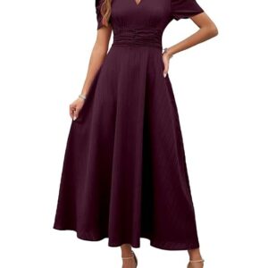 Shasmi Girl's & Women's Solid Color V-Neck A-Line Maxi Dress for Women | New Year Party Outfit | Waist Cinched Puff Sleeve Western Dress | Elegant Casual Wear (Dress 246) Magenta