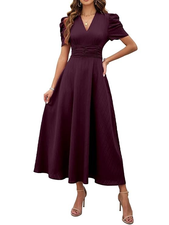 Shasmi Girl's & Women's Solid Color V-Neck A-Line Maxi Dress for Women | New Year Party Outfit | Waist Cinched Puff Sleeve Western Dress | Elegant Casual Wear (Dress 246) Magenta
